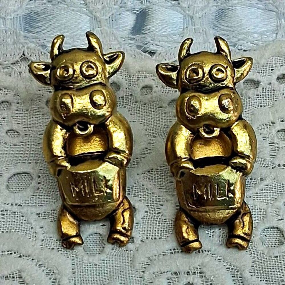Gold Tone Textured Milk Cow Stud Earrings Articulating Farm Animal